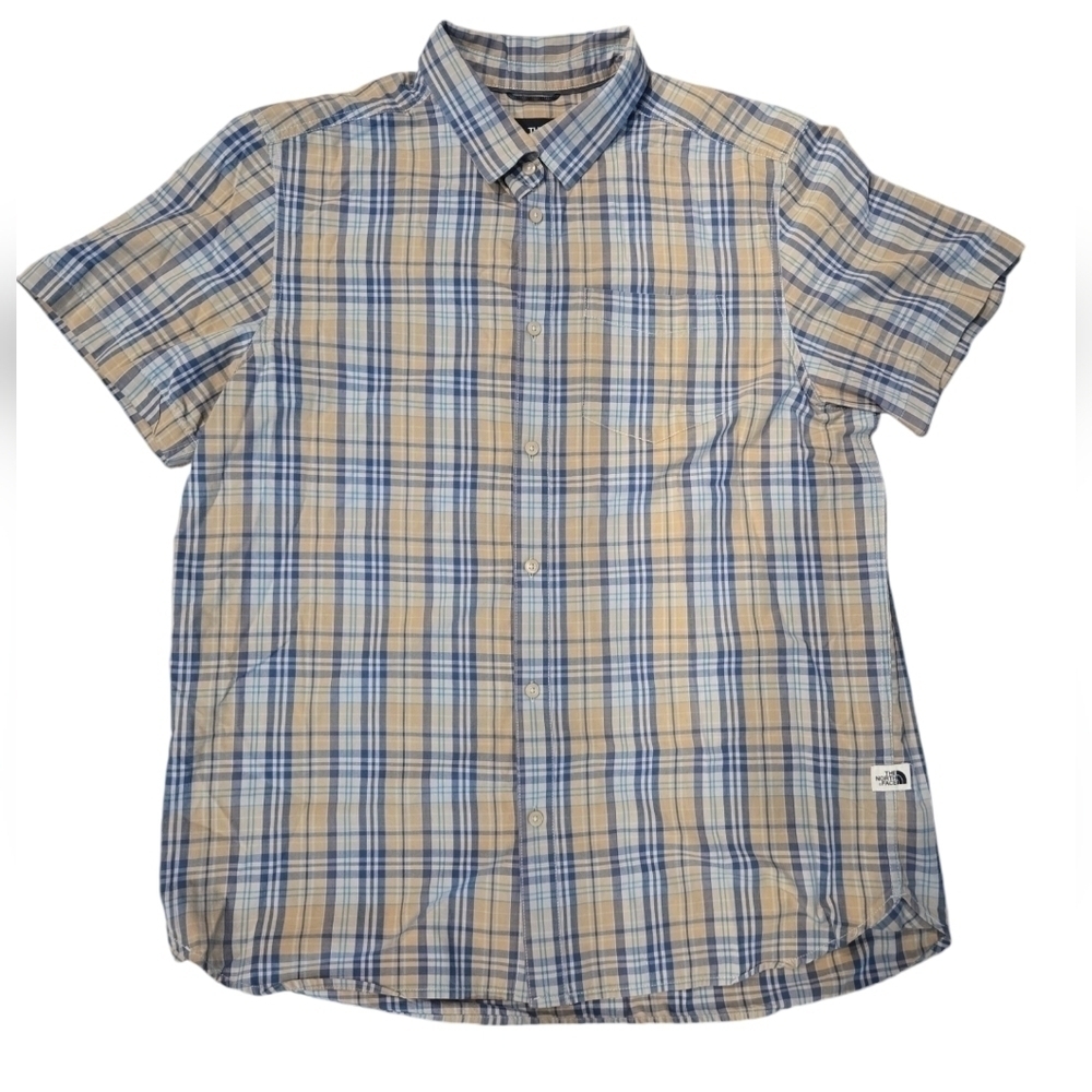 THE NORTH FACE SHORT SLEEVE PLAID BUTTON UP SHIRT. SIZE X- LARGE. BLUE/ TAN.